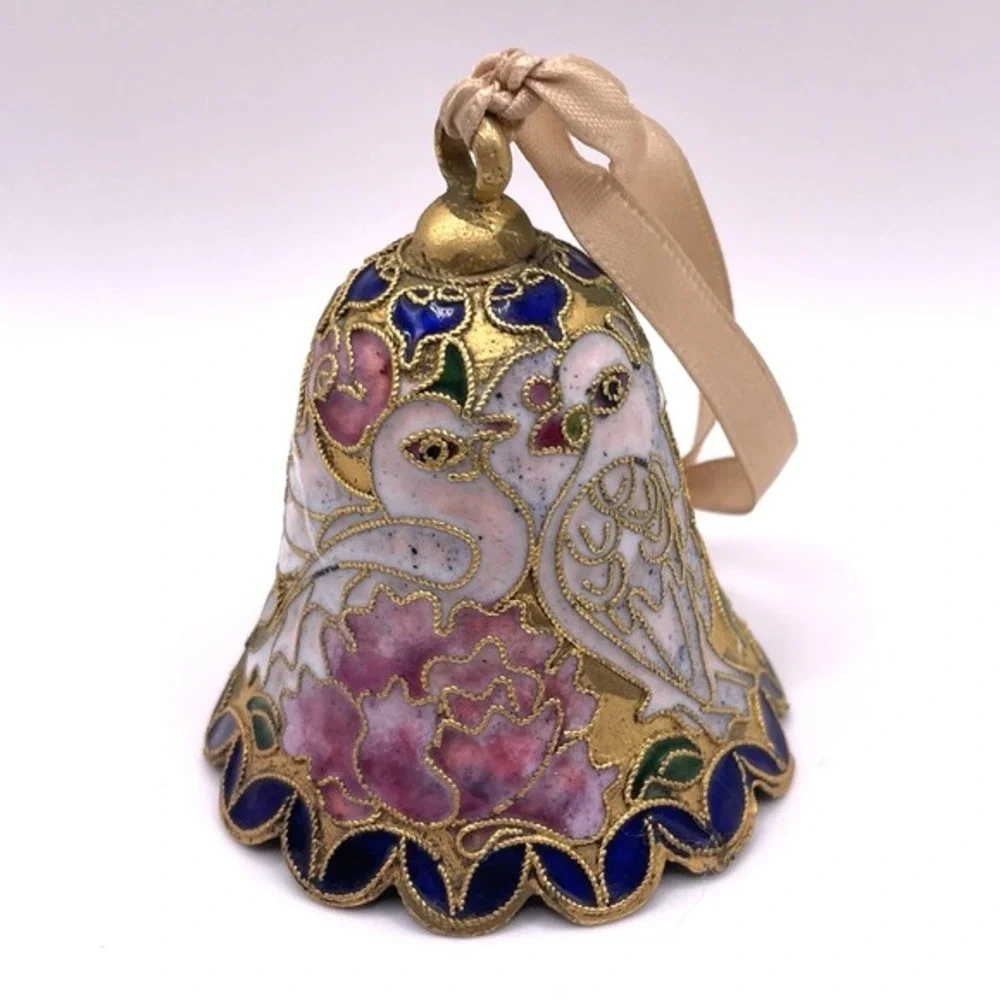Antique Vintage Cloisonne Brass Enamel Bell Ornament Doves‎ Floral